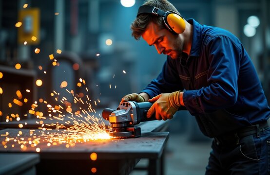 Dedicated worker expertly cuts metal using angle grinder in industrial workshop. Flying sparks illustrate precision work. Safety precautions clearly visible. Man focused on intricate metalwork task.