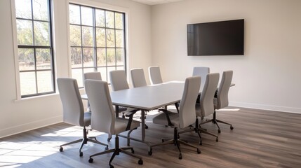 Modern conference room with large windows illuminating table and chairs