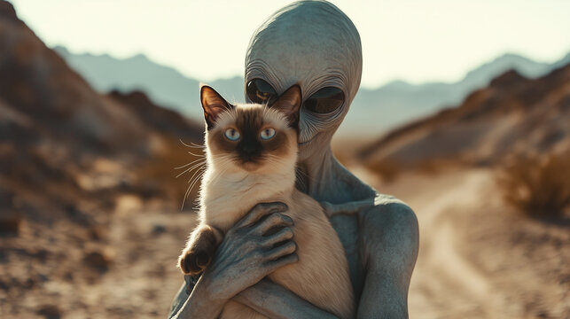 A gray alien holding an elegant Siamese cat in its arms, standing in the desert,Generative AI