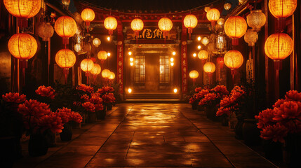 Obraz premium Traditional chinese courtyard with illuminated lanterns during festival. Chinese New Year