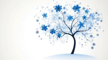 Winter blue flower tree in snowy landscape, artistic background