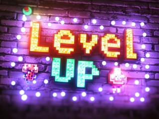 Neon "Level Up" phrase with retro gaming-inspired pixel art and glowing effects, perfect for gaming promotions