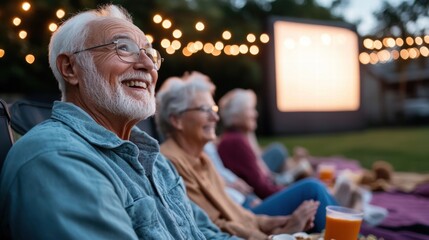 Group of seniors enjoying an outdoor movie night under string lights with smiling faces and cozy atmosphere, joyful moments captured perfectly