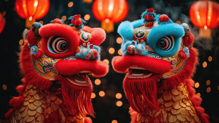 Naklejka premium Colorful chinese dragon costumes amidst festive lanterns and lights. Chinese New Year