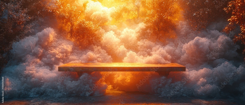 Poster an ethereal platform floats amidst a mystical orange and white cloudscape. ideal for showcasing prod