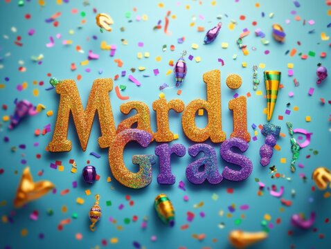 Playful Mardi Gras font with bold colors, bead strings, and confetti bursts framing the design