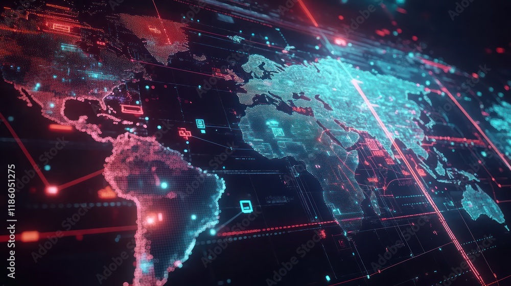 Poster global network connection, digital world map with data streams.