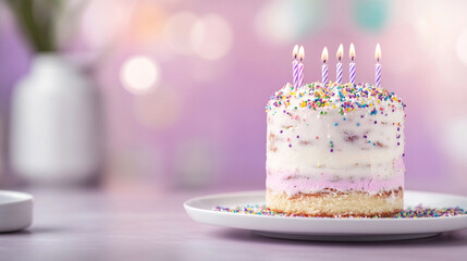 Birthday cake with candles and colorful sprinkles on a plate. Celebration dessert. Event. Card, design with copy space.
