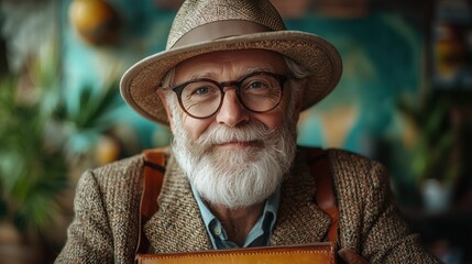Fototapeta premium Symbolic retirement celebration with retiree holding a suitcase and surrounded by travel decor for dream destination