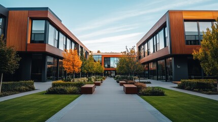 Obraz premium Modern Architectural Design with Symmetrical Facade Surrounded by Lush Greenery and Seasonal Trees in Autumn