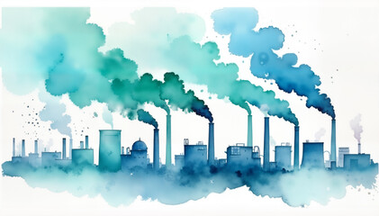 Fototapeta premium Watercolor illustration of industrial landscape with smokestacks and blue hues representing pollution on white background for environmental art, digital projects, and pollution awareness