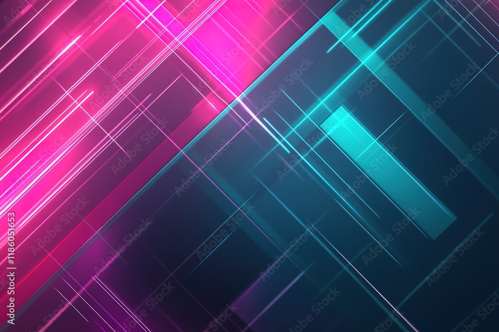 Poster futuristic grid pattern with glowing neon lines in cyan and magenta against a dark background for mo