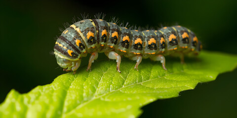 Close-up of a caterpillar crawling on a bright green leaf, vivid colors, sharp details in 8K, studio lighting