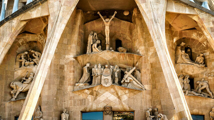 Passion facade details of La Sagrada Familia temple in Barcelona.