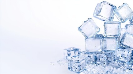 Ice cubes frozen minimal on white background. A pile of clear ice cubes against a plain background, conveying coolness and refreshment.