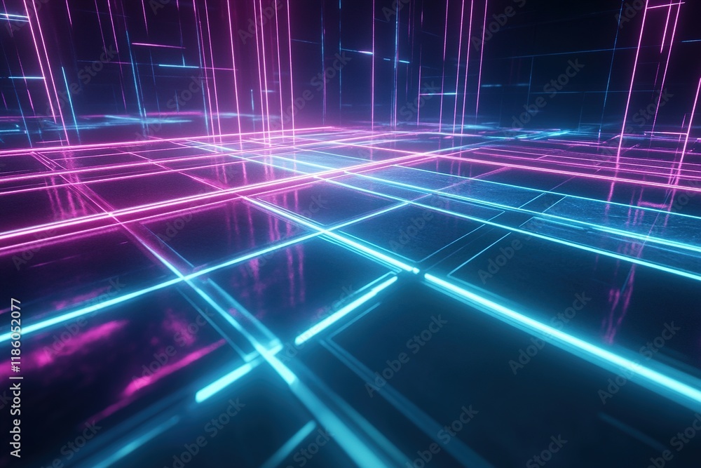 Poster futuristic grid pattern featuring glowing neon lines in cyan and magenta with a sleek dark backgroun