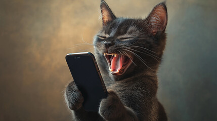 A black cat with an open mouth and sharp teeth is sitting on the sofa, holding an Phone in its paws,Generative AI