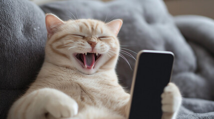realistic image of cream-point colored scottish fold cat with folded ears texting on an phone and laughing,Generative AI