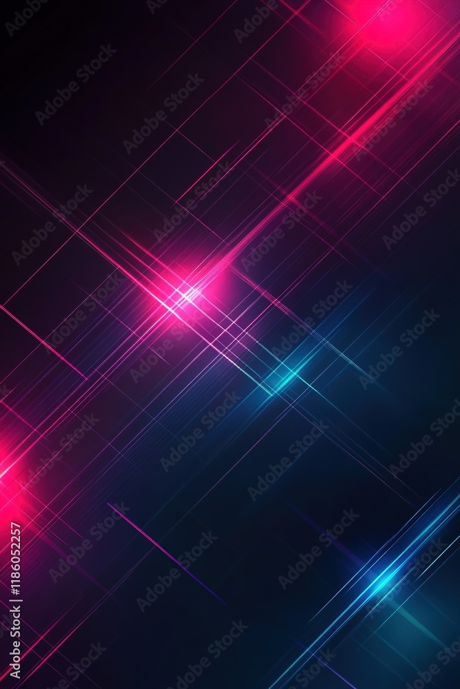 Poster futuristic grid pattern with glowing neon lines in cyan and magenta on a dark background, highlighti
