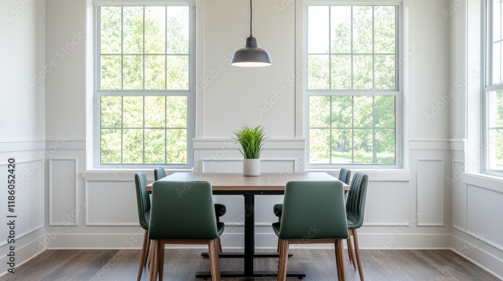 Poster modern, clean workspace promoting flexible collaboration with modular seating around a table