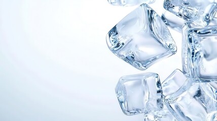 Ice cubes frozen minimal on white background. A close-up of clear ice cubes against a soft, light background, highlighting their texture and transparency.