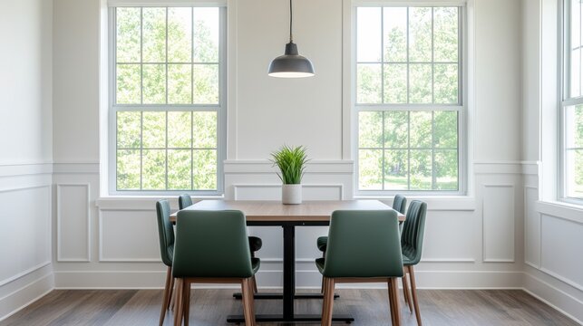 Modern, clean workspace promoting flexible collaboration with modular seating around a table