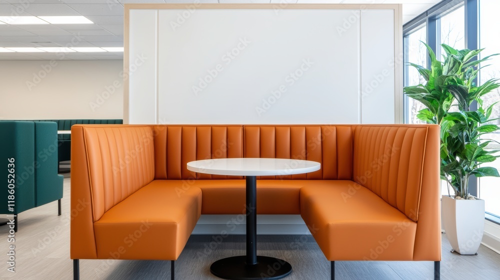 Poster Modern collaborative workspace featuring comfortable orange modular seating and a round table