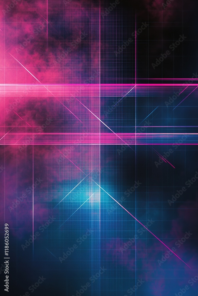 Poster futuristic grid design featuring glowing neon lines in cyan and magenta shades with a dark backgroun