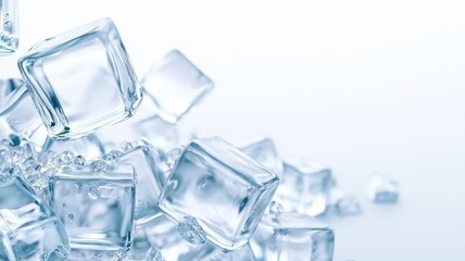 Obraz premium Ice cubes frozen minimal on white background. A close-up of transparent ice cubes scattered on a light background, conveying a cool and refreshing aesthetic.