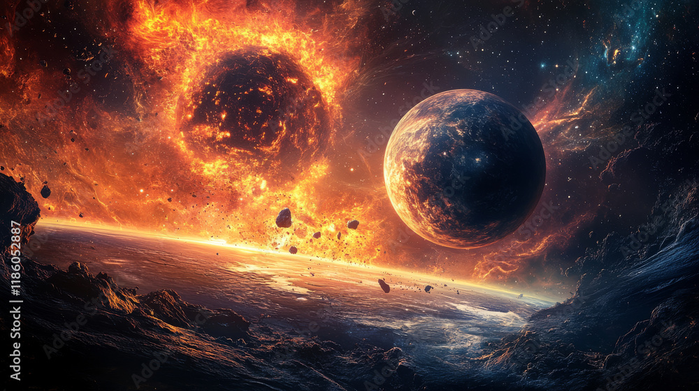 Poster alien planet exploding in space, futuristic landscape with glowing sphere burst and rock pieces flyi