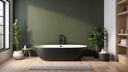 Fototapeta premium Bathroom interior concept, Black basin on wooden shelf and white bathtub with Olive Green