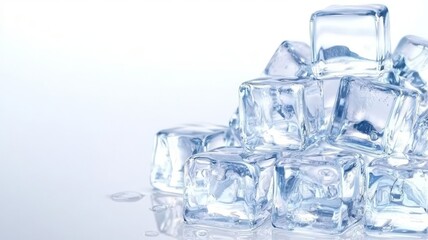 Ice cubes frozen minimal on white background. A close-up of transparent ice cubes stacked creatively, reflecting light, creating a cool and refreshing aesthetic.