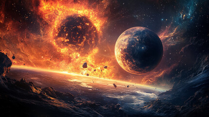 Fototapeta premium Alien planet exploding in space, futuristic landscape with glowing sphere burst and rock pieces flying out in dark starry sky. Cartoon fantasy background, parallax game scene, Vector illustration