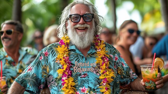 Cheerful man enjoying a tropical party while wearing a floral shirt and lei with friends in a sunny outdoor setting
