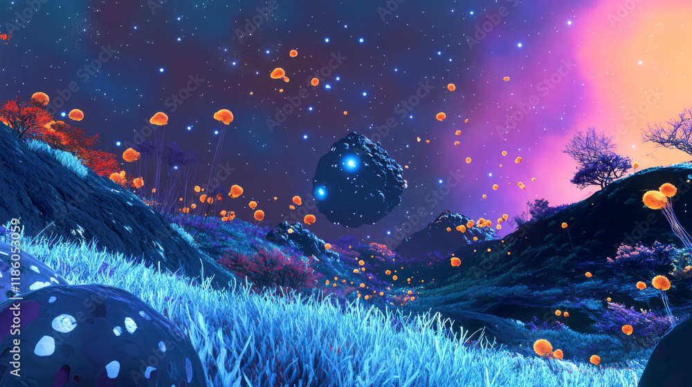 Poster alien planet exploding in space, futuristic landscape with glowing sphere burst and rock pieces flyi