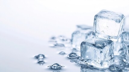 Ice cubes frozen minimal on white background. Clear ice cubes resting on a reflective surface with droplets of water, creating a fresh and cool aesthetic.