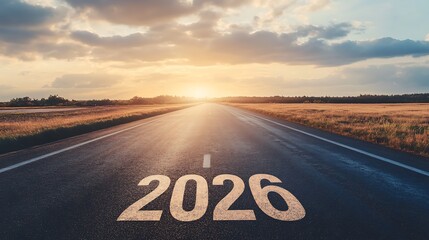 Asphalt road leading to a sunset with "2026" painted on it.