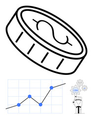 Coin with dollar sign, rising graph, robotic hand selecting CRM. Ideal for finance, analytics, automation, growth strategies, technology, business planning abstract line flat metaphor