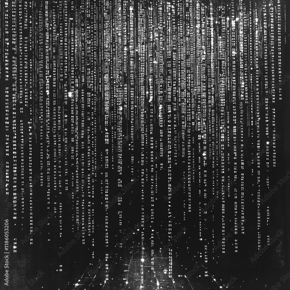 Poster digital rain effect creates a futuristic atmosphere in a dark setting with glowing elements