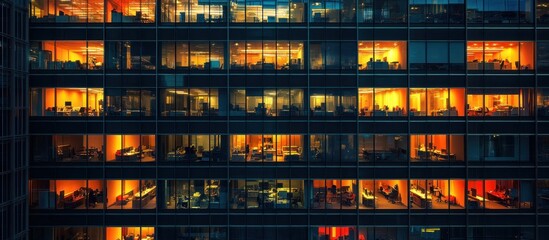 Illuminated office building at night, showing numerous lit windows and active workspaces within.