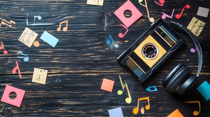 Vintage Cassette Tape Headphones Music Notes Wooden Background