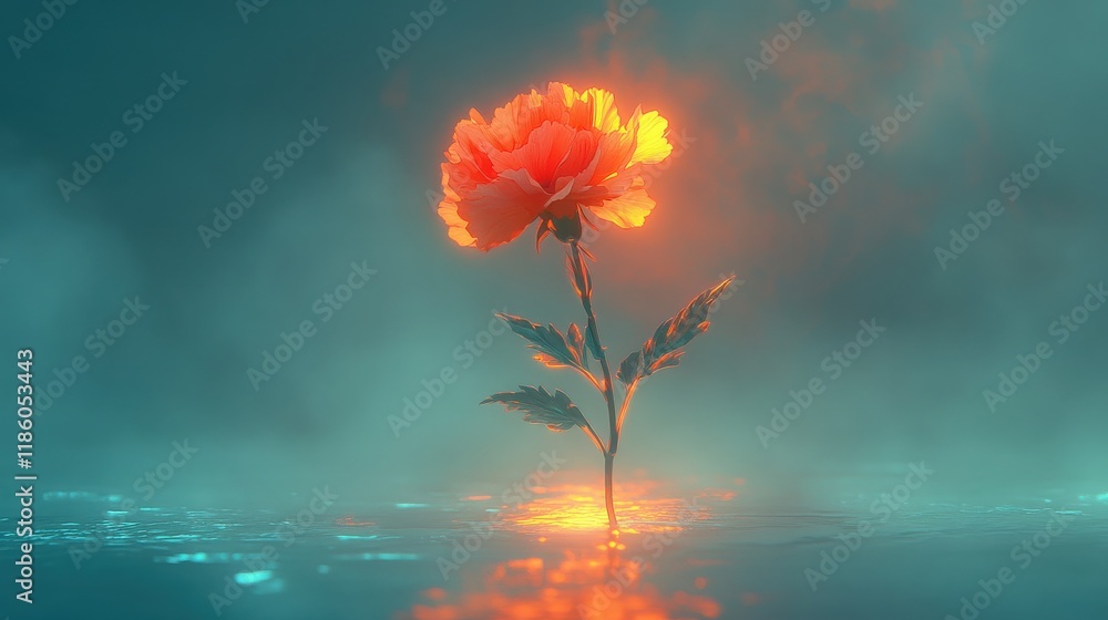 Poster A Captivating Bloom Glowing in a Mystical Environment with Soft Light and Gentle Water Reflections Creating a Dreamy Atmosphere of Serenity