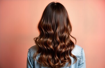 Woman with beautiful, healthy brown wavy hair. Perfect hairdo after pro hair therapy. Studio shot on pastel background. Hair looks strong, voluminous, representing great hair care. Charming young