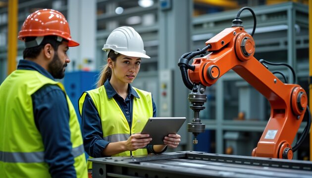Hispanic engineer guides trainee on using robotic machine. Industrial factory setting. Expert demonstrates procedure on tablet. Teamwork in tech factory. Modern manufacturing processes. Safety gear