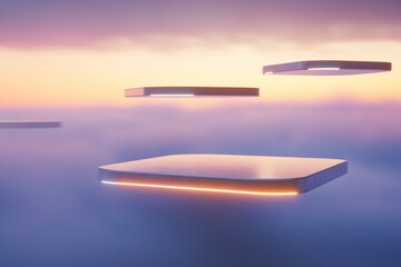 Floating metallic platforms illuminated by soft lights in a misty atmosphere with a gradient sky and cinematic depth for creative text overlays