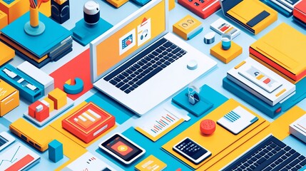 Obraz premium Isometric Illustration of a Modern Workspace with Technology and Office Supplies