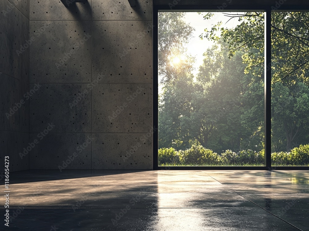 Poster in this 3d render, an empty loft space with a view of nature is depicted, characterized by polished 