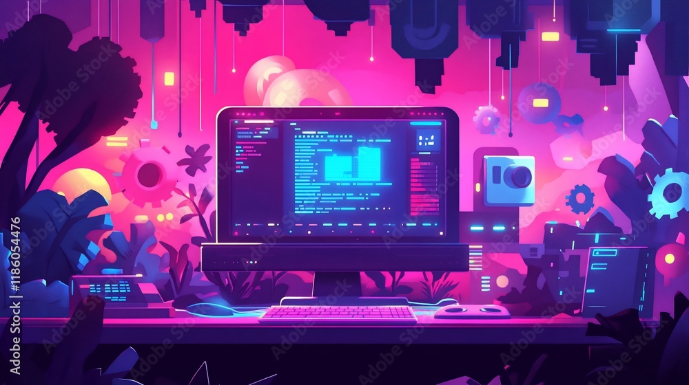 Poster neon dreamscape: a futuristic coding workspace