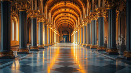 Obraz premium Corridor with columns and arches in palace. Vector cartoon interior of hallway with white marble pillars with golden ornament. Empty gallery with baroque colonnade illuminated by floor spotlights