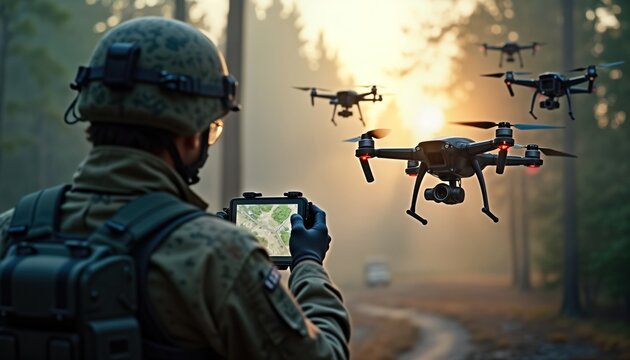 Military soldier controls aerial drones using digital tactical interface. Soldier monitors drone flight paths on tablet. Drones fly through forest during sunrise. Futuristic warfare concept. Tech